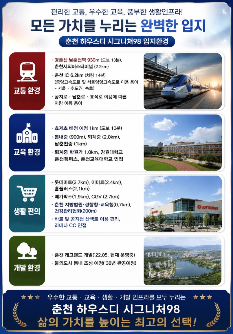 춘천 하우스디 시그니처98 입지도 — 남춘천역·공지천·강원대·마트·법원
